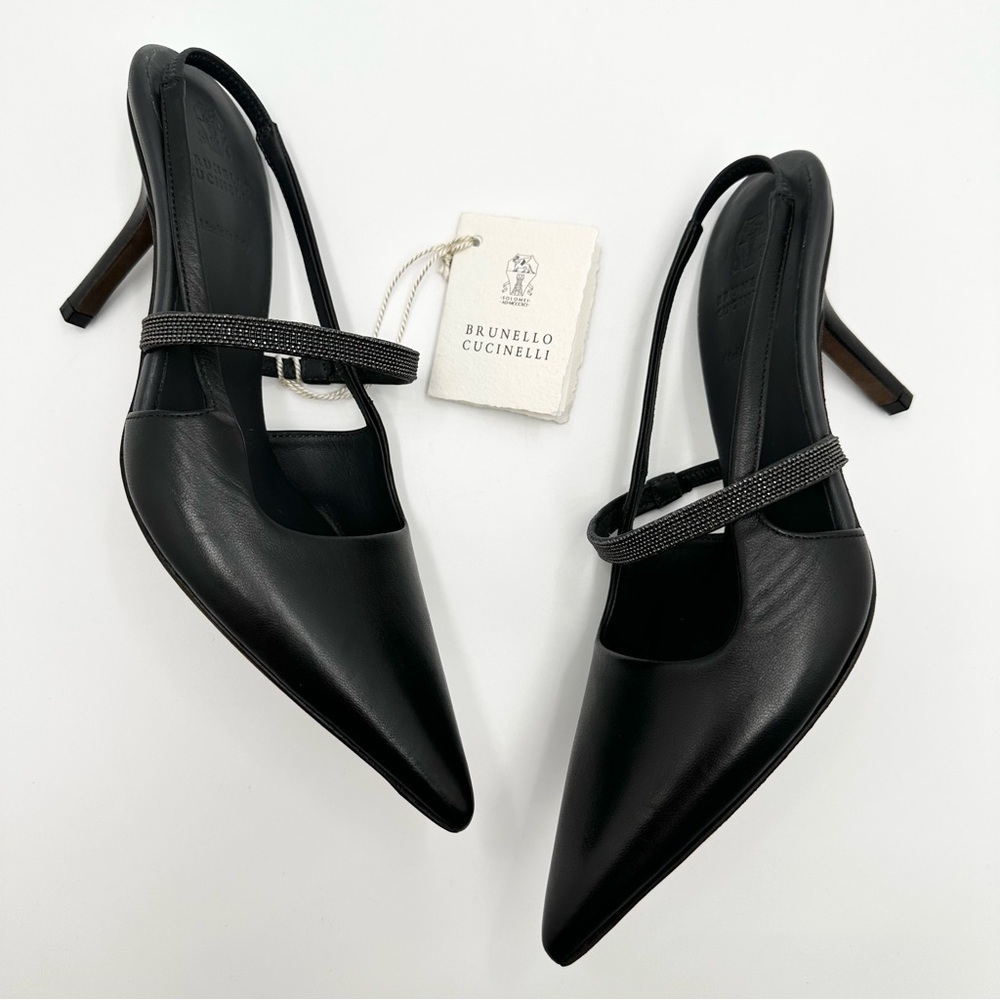 BRUNELLO CUCINELLI Bead-embellished leather slingback pumps